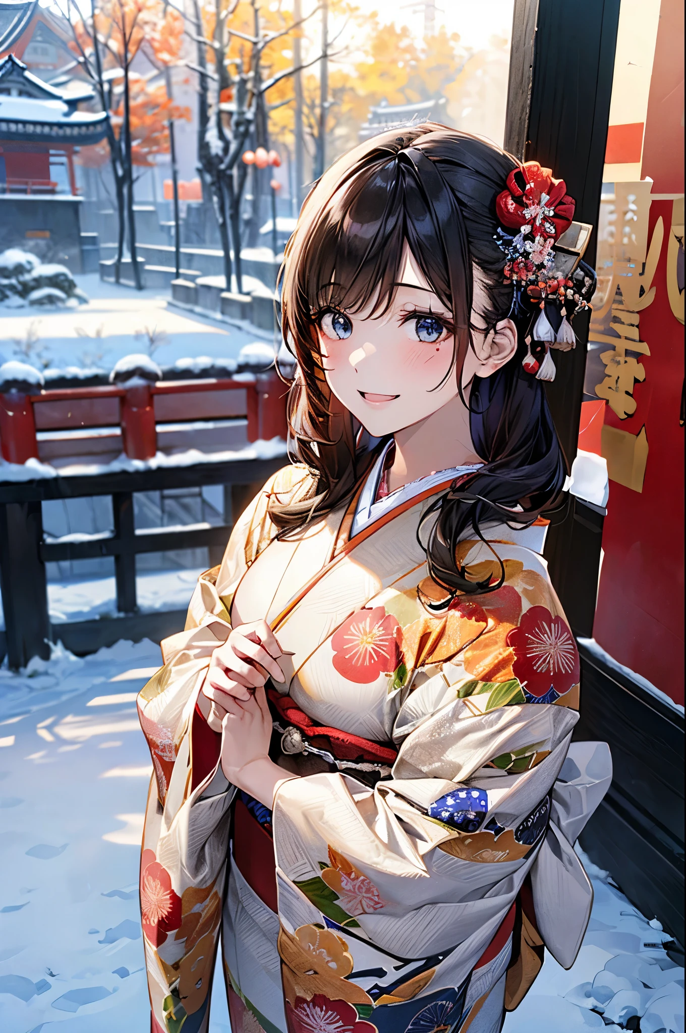 ((perfect anatomy, anatomically correct, super detailed skin)), 
1 girl, japanese, high school girl, shiny skin, large breasts:0.5, looking up, watching the view, 
beautiful hair, beautiful face, beautiful detailed eyes, (middle hair:1.5, japanese hair:1.5), black hair, blue eyes, babyface, mole under eye, 
((red floral kimono, hair ornament)), 
((smile:1.5, open your mouth wide)), walking, 
(beautiful scenery), winter, dawn, (new year's day, first visit), hokkaido, sapporo, outside hokkaido shrine, crowd, snow, snowfall:1.5, freezing weather, frost, 
(8k, top-quality, masterpiece​:1.2, extremely detailed), (photorealistic), beautiful illustration, natural lighting,