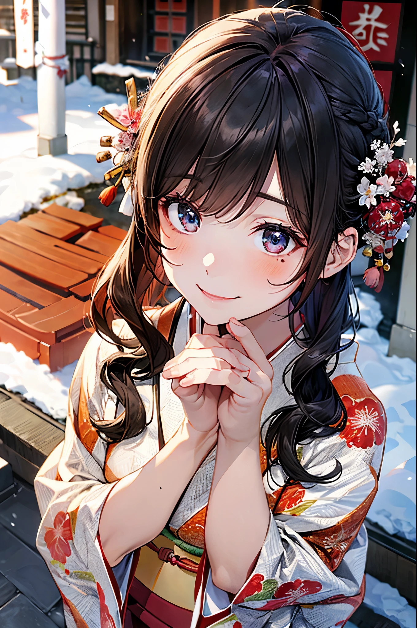 ((perfect anatomy, anatomically correct, super detailed skin)), 
1 girl, japanese, high school girl, shiny skin, large breasts:0.5, looking up, watching the view, 
beautiful hair, beautiful face, beautiful detailed eyes, (middle hair:1.5, japanese hair:1.5), black hair, blue eyes, babyface, mole under eye, 
((red floral kimono, hair ornament)), 
((smile:1.5, open your mouth wide)), walking, 
(beautiful scenery), winter, dawn, (new year's day, first visit), hokkaido, sapporo, outside hokkaido shrine, crowd, snow, snowfall:1.5, freezing weather, frost, 
(8k, top-quality, masterpiece​:1.2, extremely detailed), (photorealistic), beautiful illustration, natural lighting,