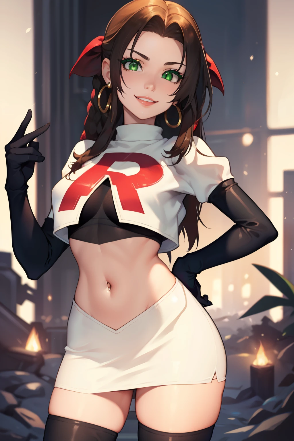 aerith gainsborough, green eyes ,glossy lips, light makeup, eye shadow, earrings ,team rocket,team rocket uniform, red letter R, white skirt,white crop top,black thigh-high boots, black elbow gloves, evil smile, sexy pose