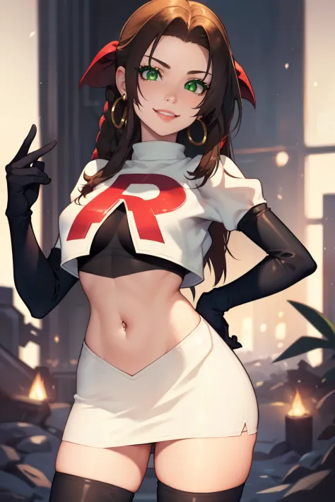 aerith gainsborough, green eyes ,glossy lips, light makeup, eye shadow, earrings ,team rocket,team rocket uniform, red letter r,...