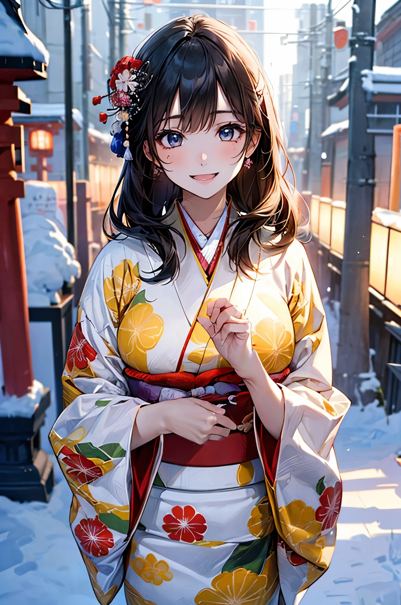 ((perfect anatomy, anatomically correct, super detailed skin)), 
1 girl, japanese, high school girl, shiny skin, large breasts:0.5, looking up, watching the view, 
beautiful hair, beautiful face, beautiful detailed eyes, (middle hair:1.5, japanese hair:1.5), black hair, blue eyes, babyface, mole under eye, 
((red floral kimono, hair ornament)), 
((smile:1.5, open your mouth wide)), walking, 
(beautiful scenery), winter, dawn, (new year's day, first visit), hokkaido, sapporo, outside hokkaido shrine, crowd, snow, snowfall:1.5, freezing weather, frost, 
(8k, top-quality, masterpiece​:1.2, extremely detailed), (photorealistic), beautiful illustration, natural lighting,