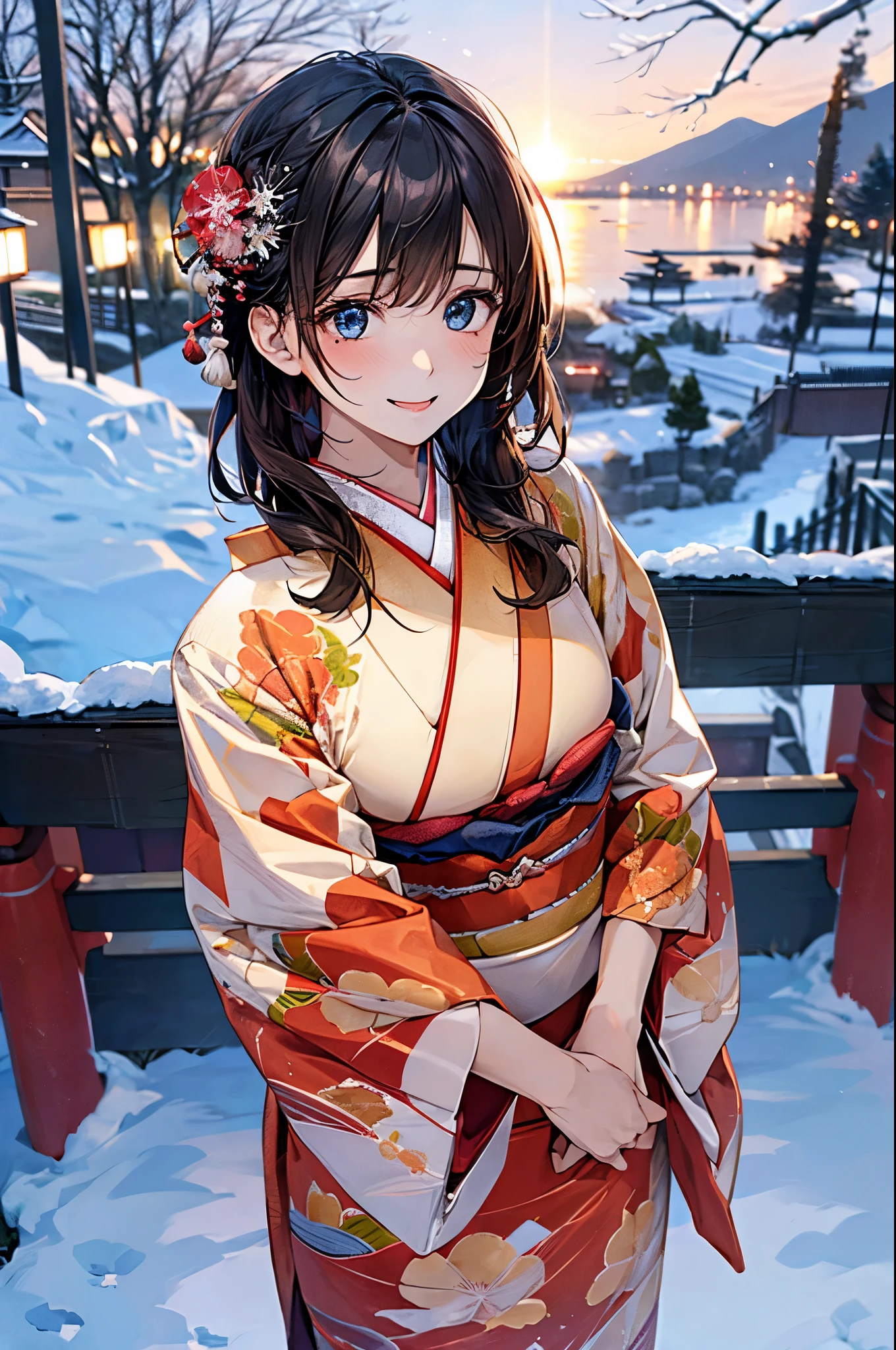 ((perfect anatomy, anatomically correct, super detailed skin)), 
1 girl, japanese, high school girl, shiny skin, large breasts:0.5, looking up, watching the view, 
beautiful hair, beautiful face, beautiful detailed eyes, (middle hair:1.5, japanese hair:1.5), black hair, blue eyes, babyface, mole under eye, 
((red floral kimono, hair ornament)), 
((smile:1.5, open your mouth wide)), walking, 
(beautiful scenery), winter, dawn, (new year's day, first visit), hokkaido, sapporo, outside hokkaido shrine, crowd, snow, snowfall:1.5, freezing weather, frost, 
(8k, top-quality, masterpiece​:1.2, extremely detailed), (photorealistic), beautiful illustration, natural lighting,