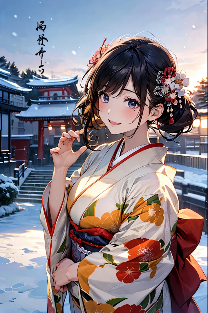 ((perfect anatomy, anatomically correct, super detailed skin)), 
1 girl, japanese, high school girl, shiny skin, large breasts:0.5, looking up, watching the view, 
beautiful hair, beautiful face, beautiful detailed eyes, (middle hair:1.5, japanese hair:1.5), black hair, blue eyes, babyface, mole under eye, 
((red floral kimono, hair ornament)), 
((smile:1.5, open your mouth wide)), walking, 
(beautiful scenery), winter, dawn, (new year's day, first visit), hokkaido, sapporo, outside hokkaido shrine, crowd, snow, snowfall:1.5, freezing weather, frost, 
(8k, top-quality, masterpiece​:1.2, extremely detailed), (photorealistic), beautiful illustration, natural lighting,