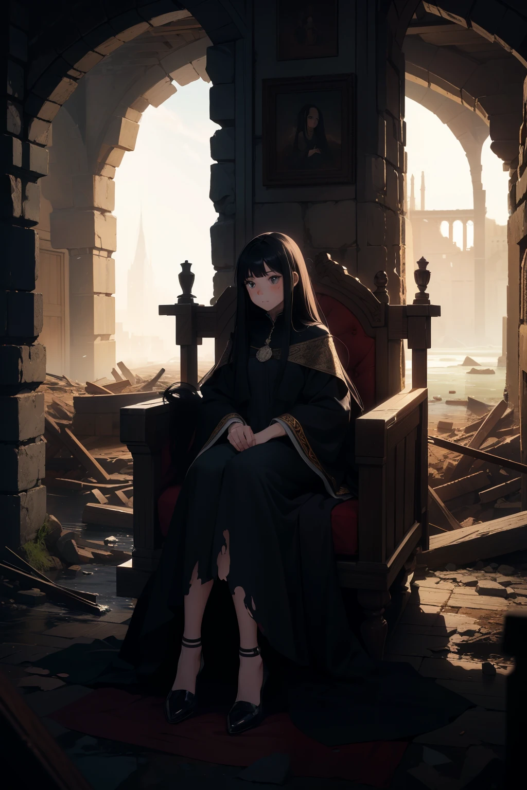 ((young girl with very long black hair)) is sitting nonchantly on a throne in a large and wide ruined throneroom, [[water rivulets]], torn tapestry. Intricate modest black dress, medieval fashion. Top down view, medieval, long shot, melancholic scene,