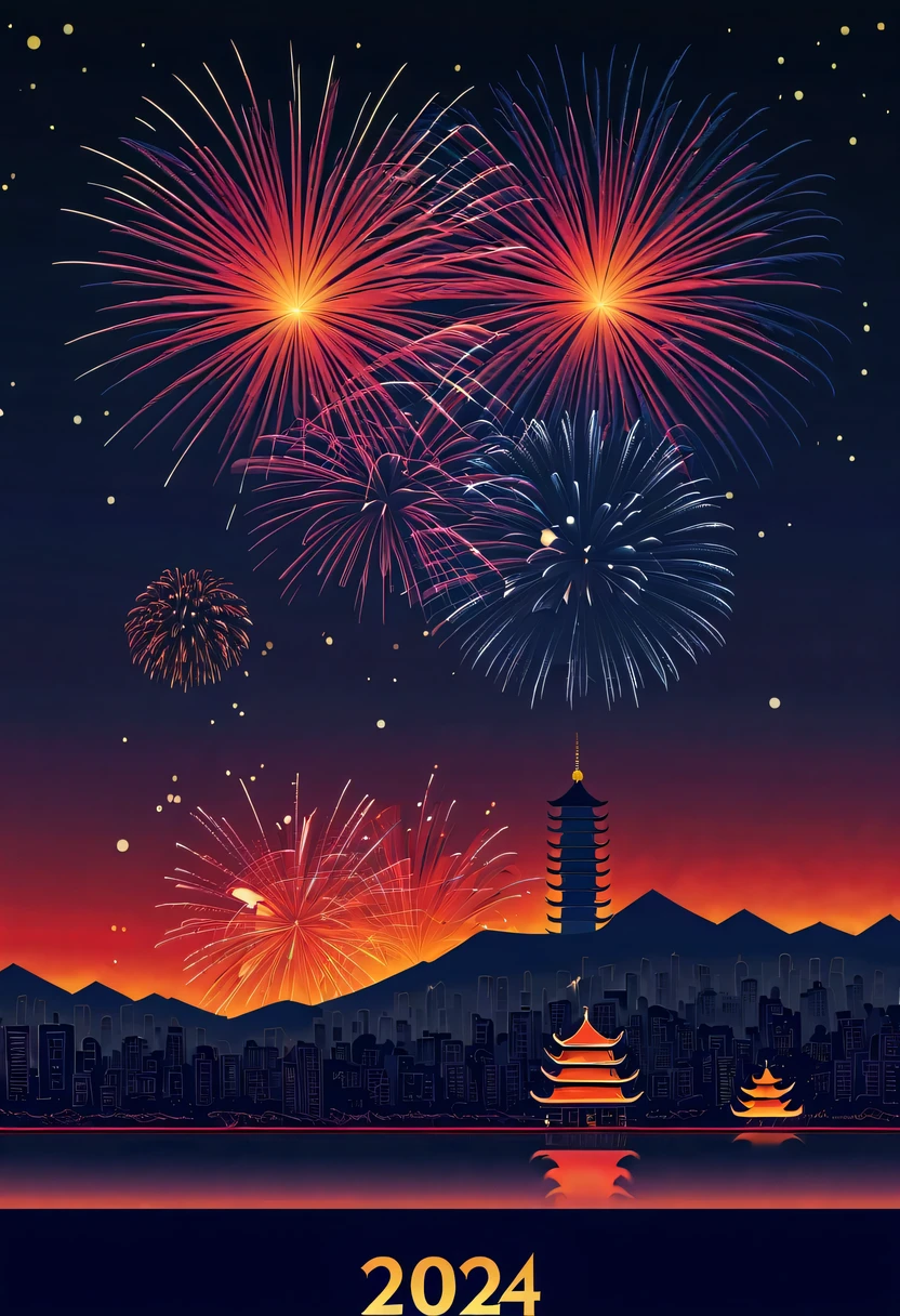 Holiday poster:(2024,new year poster),(new year&#39;New Year&#39;s Eve 2024), (fire works:1.2), nigh sky,chinesedragon,maximalist