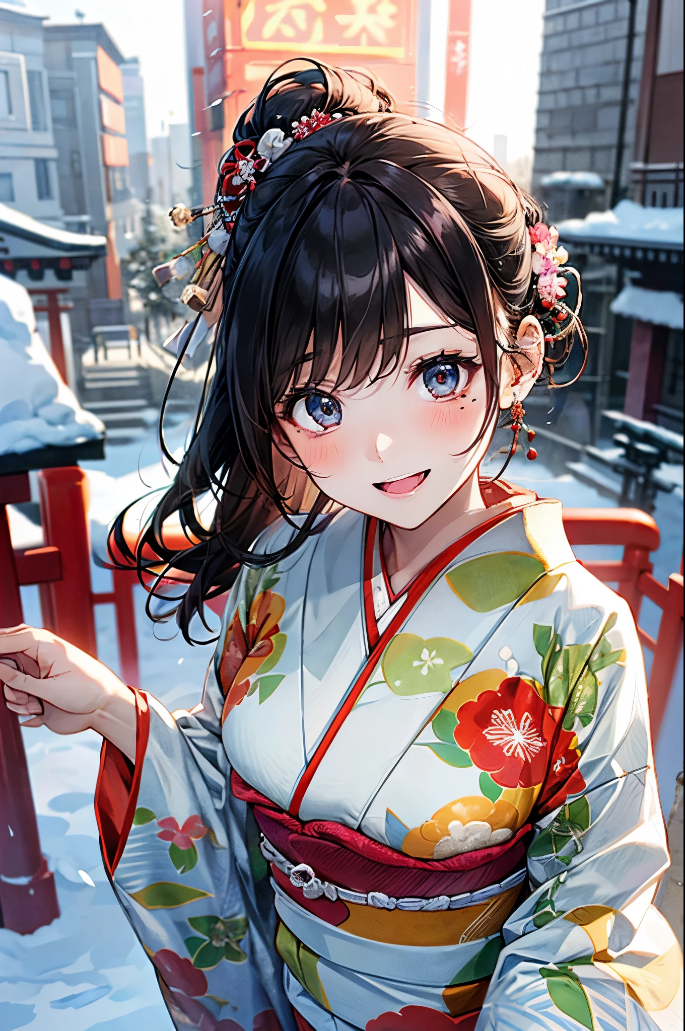 ((perfect anatomy, anatomically correct, super detailed skin)), 
1 girl, japanese, high school girl, shiny skin, large breasts:0.5, looking up, watching the view, 
beautiful hair, beautiful face, beautiful detailed eyes, (middle hair:1.5, japanese hair:1.5), black hair, blue eyes, babyface, mole under eye, 
(((red floral kimono), hair ornament)), 
((smile:1.5, open your mouth wide)), walking, 
(beautiful scenery), winter, dawn, (new year's day, first visit), hokkaido, sapporo, outside hokkaido shrine, crowd, snow, snowfall:1.5, freezing weather, frost, 
(8k, top-quality, masterpiece​:1.2, extremely detailed), (photorealistic), beautiful illustration, natural lighting,