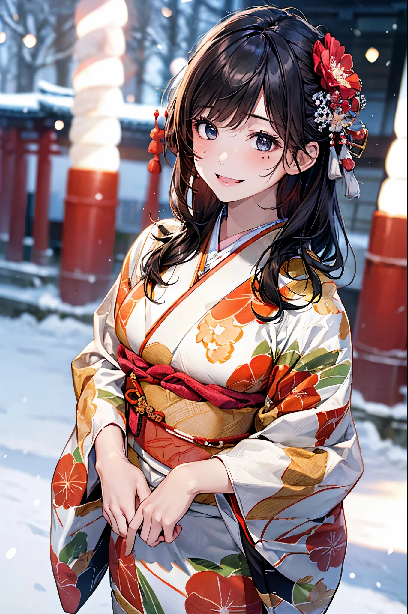 ((perfect anatomy, anatomically correct, super detailed skin)), 
1 girl, japanese, high school girl, shiny skin, large breasts:0.5, looking up, watching the view, 
beautiful hair, beautiful face, beautiful detailed eyes, (middle hair:1.5, japanese hair:1.5), black hair, blue eyes, babyface, mole under eye, 
(((red floral kimono), hair ornament)), 
((smile:1.5, open your mouth wide)), walking, 
(beautiful scenery), winter, dawn, (new year's day, first visit), hokkaido, sapporo, outside hokkaido shrine, crowd, snow, snowfall:1.5, freezing weather, frost, 
(8k, top-quality, masterpiece​:1.2, extremely detailed), (photorealistic), beautiful illustration, natural lighting,