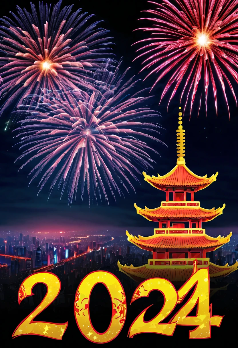 Holiday poster:(2024,new year poster),(new year&#39;New Year&#39;s Eve 2024), (fire works:1.2), nigh sky,chinesedragon,maximalist