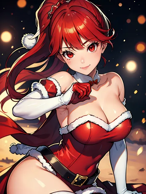 1girl, solo, masterpiece, best quality, high res, highly detailed, (illustration), beautiful detailed eyes, kasumi, red hair, pony tail, red eyes, ,glossy lips, light makeup, warm smile, long white satin elbow gloves ,cowboy shot, (santa), red santa dress,...