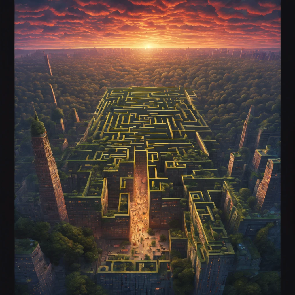 (complex layout, intricate detail, painterly) maze skyscraper at up, ancient architecture in the shape of a forest, a massive, intricate and detailed maze resembling a cryptic geometric pattern, illuminated by a pulsating, multicolored light that shifts in rhythm. Movie poster, cinematic, hd, ultra-realism, digital artwork, illustrative, painterly, matte painting, rule of thirds, masterpiece, award winning art, trending on art-station