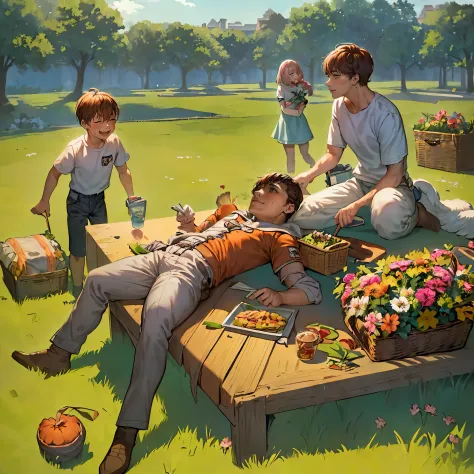 (happy family in picnic garden),(Liam as a mother),(Liam and his husband spending quality time together),(couple enjoying outdoors),(Liam&#39;s children are playing and having fun),(Guts as a loving and caring father),(loving husband and wife),(Liam and hi...