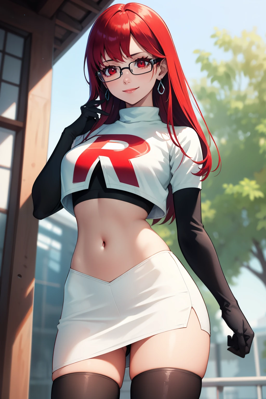 Yoshizawa Sumire, red hair ,long hair, glasses, straight hair, red eyes ,glossy lips, light makeup, eye shadow, earrings ,team rocket,team rocket uniform, red letter R, white skirt,white crop top,black thigh-high boots, black elbow gloves,evil smile, looking down on viewer, pantie shot