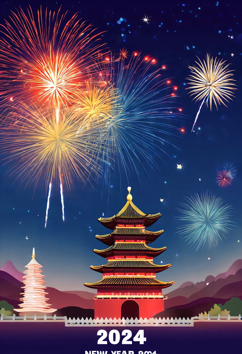 Holiday poster:(2024,new year poster),(new year&#39;New Year&#39;s Eve 2024), (fire works:1.2), nigh sky,chinesedragon,maximalist