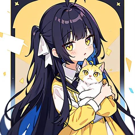 one-girl, black color hair, long whitr hair, Holding a yellow and white cat, ahoge, tmasterpiece