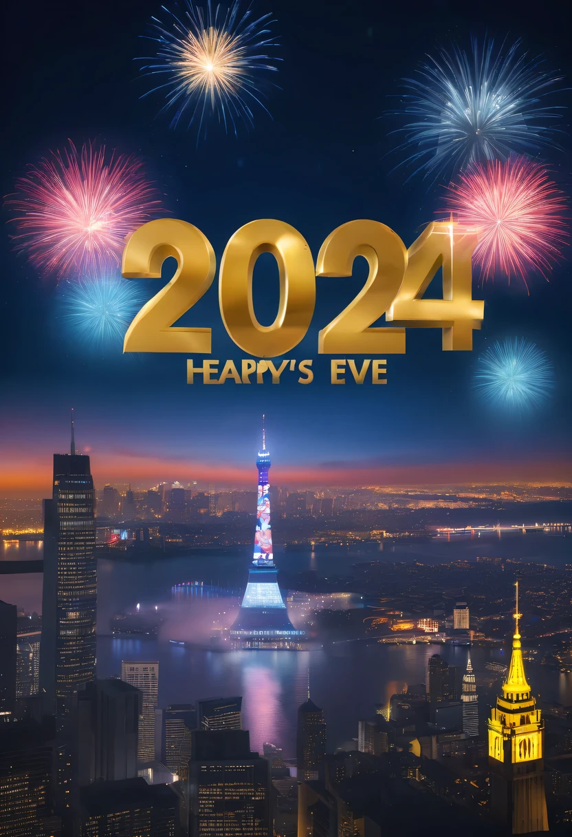 Holiday poster:(2024,new year poster),(new year&#39;New Year&#39;s Eve 2024), (fire works:1.2), nigh sky,chinesedragon,maximalist