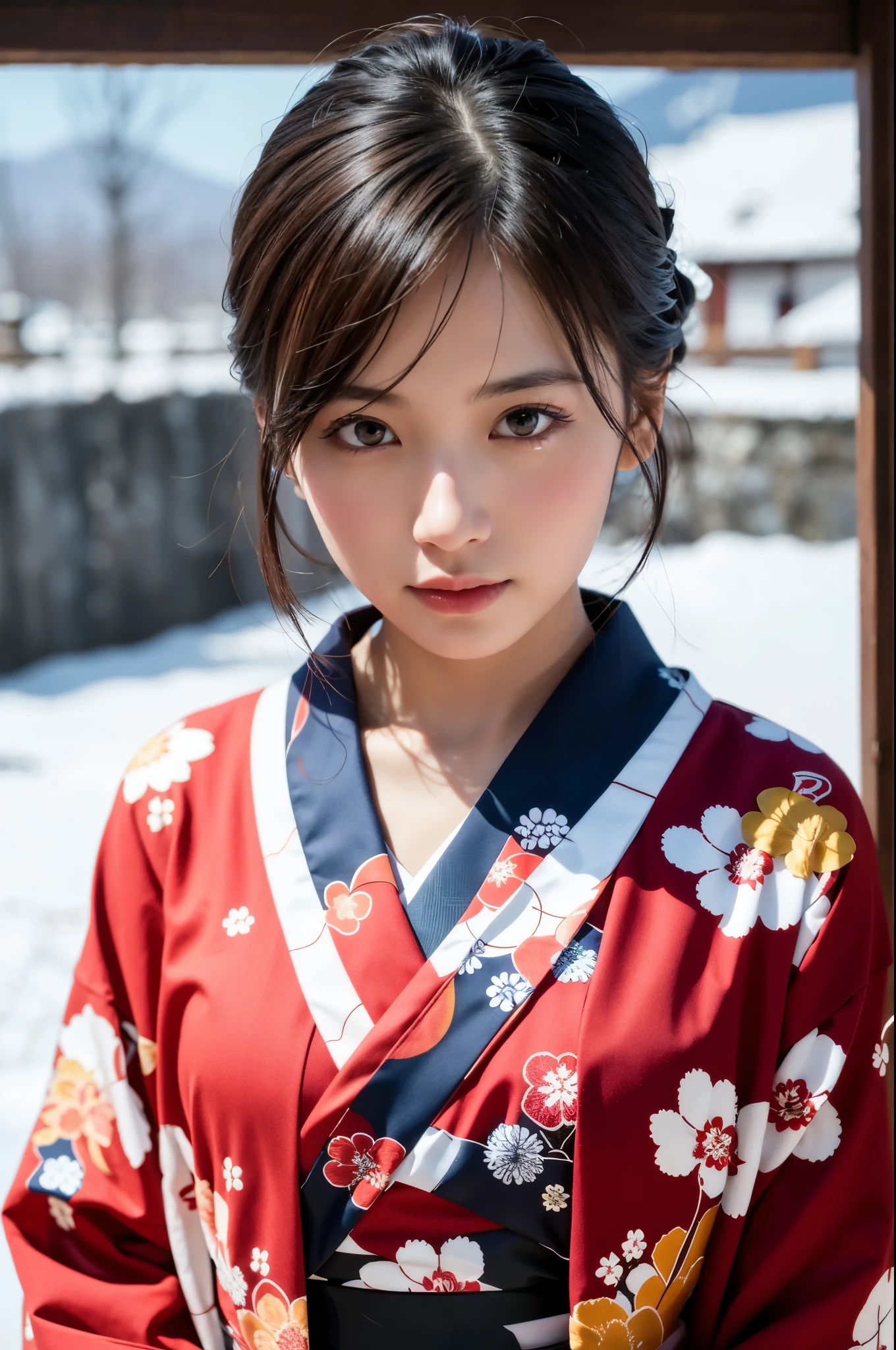 Hot Spring Village in Japan, snowy landscape, 
(falling snow:1.2), A beautiful Japanese girl in a brilliant Kimono, solo, masterpiece, Best Quality, 8K, 32K, (UHD:1.2), (Photorealistic:1.4), full figure, entire body in frame, Japanese Idol, Extremely cute, elegant, voluptuous, parted lips, cinematic composition, professional warm lighting and shading, extremely detailed eyes and face, eyes with beautiful details, insanely detailed realistic skin texture, (correct body balance, accurate hands, accurate eyes)