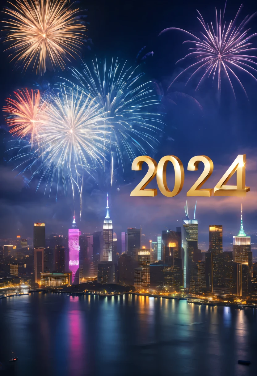 Holiday poster:(2024,new year poster),(new year&#39;New Year&#39;s Eve 2024), (fire works:1.2), nigh sky,chinesedragon,maximalist