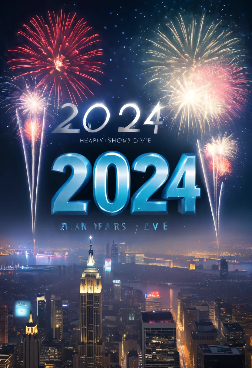 Holiday poster:(2024,new year poster),(new year&#39;New Year&#39;s Eve 2024), (fire works:1.2), nigh sky,chinesedragon,maximalist