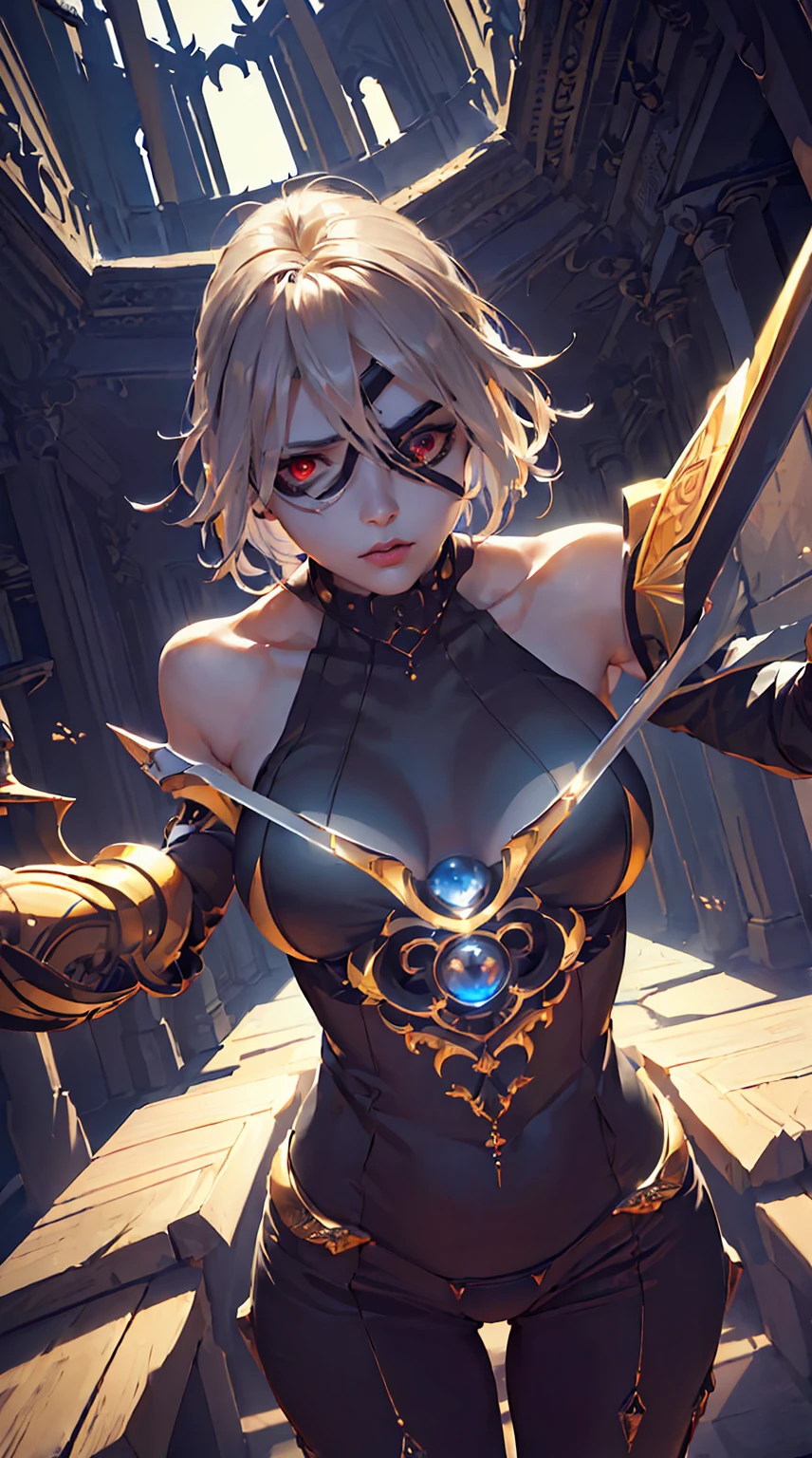 1girl, (detailed eyes, eye patch), (detailed lips), (intense expression), (exquisite face), (mechanical, futuristic armor), (summoning a giant sword), (in a dark temple), (majestic atmosphere), (masterpiece:1.2), (ultra-detailed), (realistic:1.37), (studio lighting), (vivid colors), (sharp focus), (mechanical aesthetic), (sci-fi), (dark tones), (mysterious lighting), (high contrast), (dramatic shadows), (metallic textures), (elegant pose), (intricate detailing), (mesmerizing composition), (dynamic perspective), (powerful stance), (futuristic design), (impressive craftsmanship), (baroque elements), (solemn ambiance), (grandiose setting), (mystical ambiance), (imposing atmosphere), (ethereal aura), (captivating presence)，(golden accents)