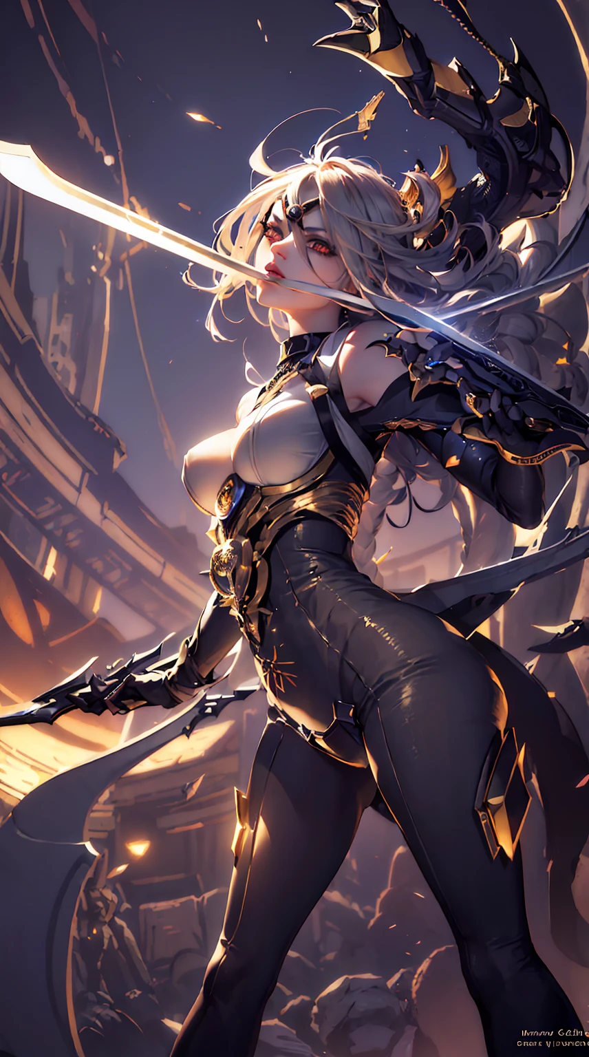 1girl, (detailed eyes, eye patch), (detailed lips), (intense expression), (exquisite face), (mechanical, futuristic armor), (summoning a giant sword), (in a dark temple), (majestic atmosphere), (masterpiece:1.2), (ultra-detailed), (realistic:1.37), (studio lighting), (vivid colors), (sharp focus), (mechanical aesthetic), (sci-fi), (dark tones), (mysterious lighting), (high contrast), (dramatic shadows), (metallic textures), (elegant pose), (intricate detailing), (mesmerizing composition), (dynamic perspective), (powerful stance), (futuristic design), (impressive craftsmanship), (baroque elements), (solemn ambiance), (grandiose setting), (mystical ambiance), (imposing atmosphere), (ethereal aura), (captivating presence)，(golden accents)