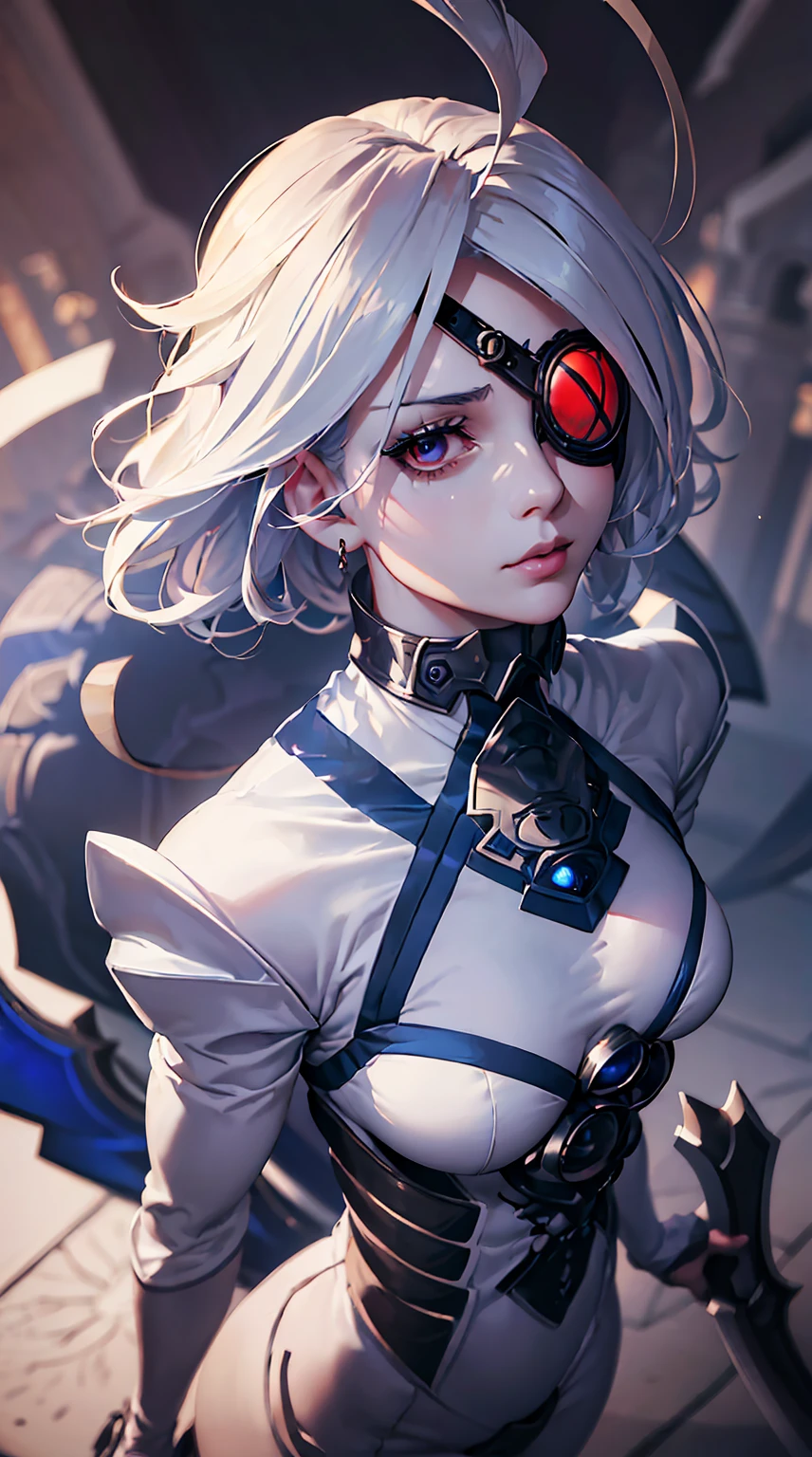 1girl, (detailed eyes, eye patch), (detailed lips), (intense expression), (exquisite face), (mechanical, futuristic armor), (summoning a giant sword), (in a dark temple), (majestic atmosphere), (masterpiece:1.2), (ultra-detailed), (realistic:1.37), (studio lighting), (vivid colors), (sharp focus), (mechanical aesthetic), (sci-fi), (dark tones), (mysterious lighting), (high contrast), (dramatic shadows), (metallic textures), (elegant pose), (intricate detailing), (mesmerizing composition), (dynamic perspective), (powerful stance), (futuristic design), (impressive craftsmanship), (baroque elements), (solemn ambiance), (grandiose setting), (mystical ambiance), (imposing atmosphere), (ethereal aura), (captivating presence)，(golden accents)