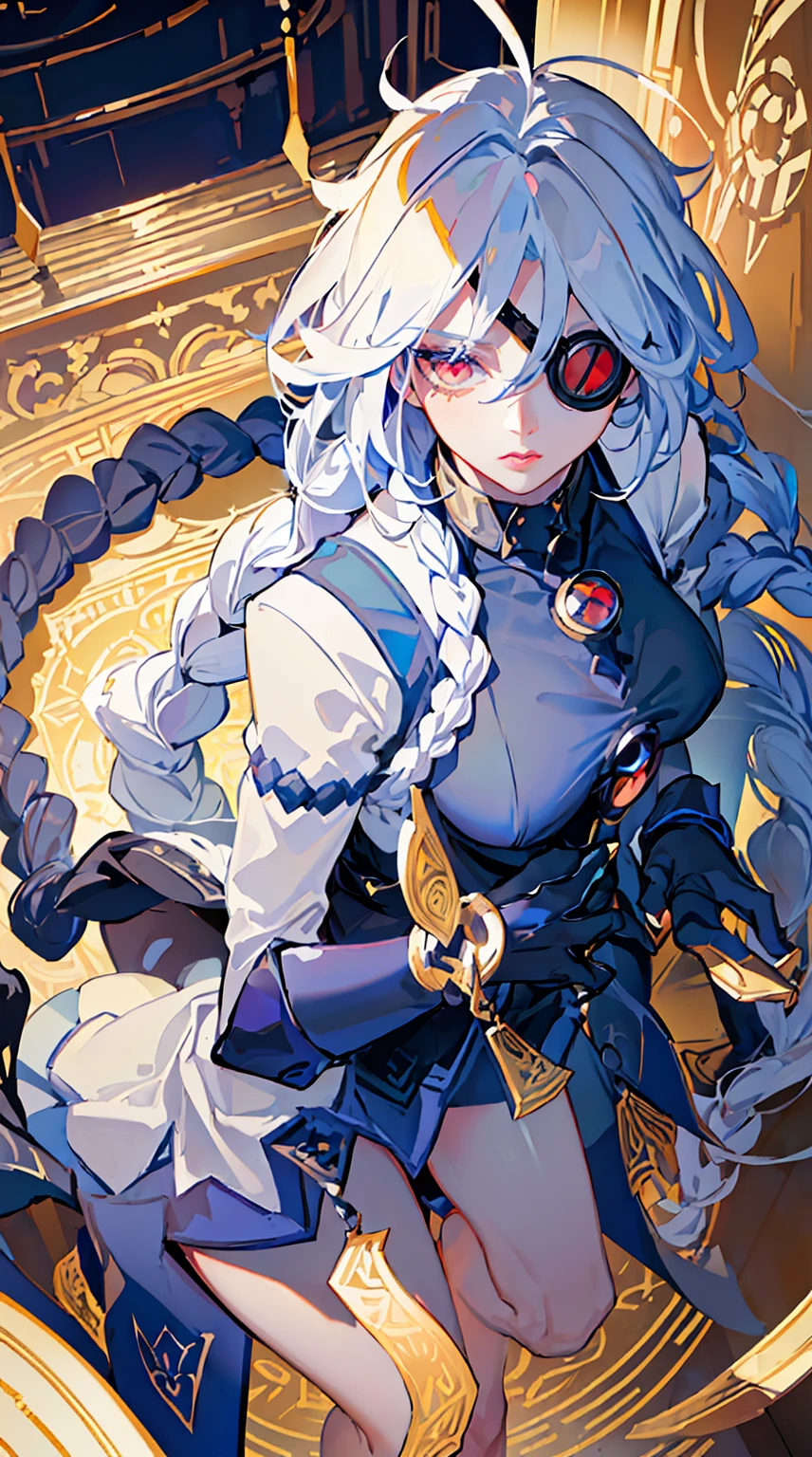 1girl, (detailed eyes, eye patch), (detailed lips), (intense expression), (exquisite face), (mechanical, futuristic armor), (summoning a giant sword), (in a dark temple), (majestic atmosphere), (masterpiece:1.2), (ultra-detailed), (realistic:1.37), (studio lighting), (vivid colors), (sharp focus), (mechanical aesthetic), (sci-fi), (dark tones), (mysterious lighting), (high contrast), (dramatic shadows), (metallic textures), (elegant pose), (intricate detailing), (mesmerizing composition), (dynamic perspective), (powerful stance), (futuristic design), (impressive craftsmanship), (baroque elements), (solemn ambiance), (grandiose setting), (mystical ambiance), (imposing atmosphere), (ethereal aura), (captivating presence)，(golden accents)