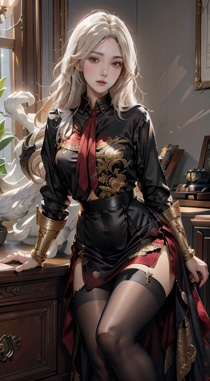 ((masutepiece, Highest Quality)), Detailed face, CharacterDesignSheet，full body Esbian, full of details, Multiple poses and expressions, Highly detailed, Depth, Many part-time women，cinmatic lighting，with light glowing，red and gold，Phoenix Decoration，Light thread，Lace，lacepantyhose，high-heels