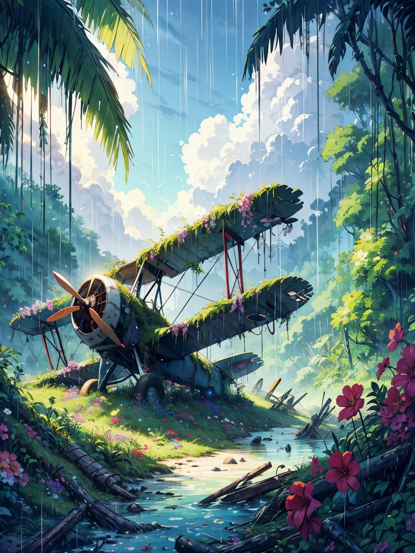 Draw an digital simple anime art of wide lofi scene of crashed broken biplane in jungle, tropical forest, nature taking control, flowers and moss on biplane, rain, ambient dim light, beautiful cloudy sky, vibrant color tones, masterpiece, peaceful scene