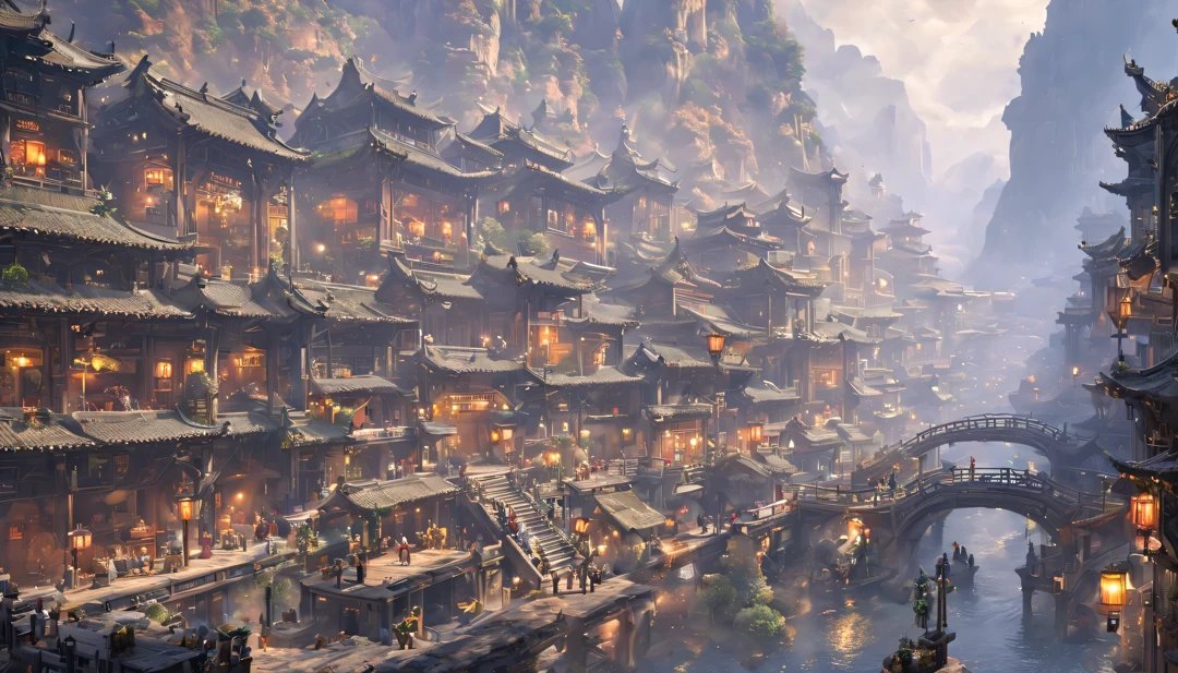 ((tmasterpiece)),((Best quality)),((high detal)),((actual,))
Cities in the industrial era, There is a deep canyon in the middle, architectural streets, bazaars, Bridges, rainy days, steampunc, Chinese style architecture