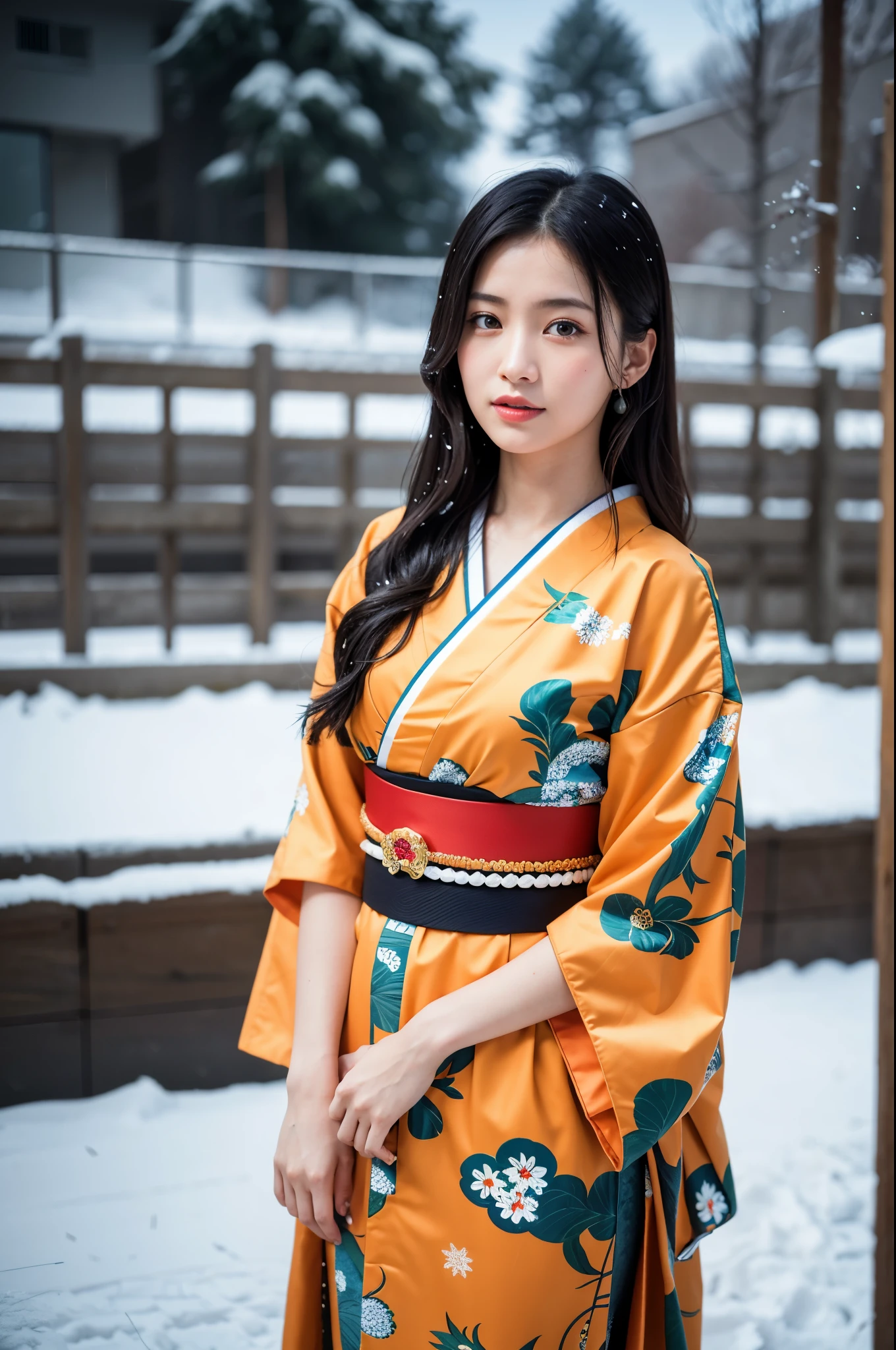 Hot Spring Village in Japan, snowy landscape, 
(falling snow:1.3), A beautiful Japanese girl in a brilliant Kimono, solo, masterpiece, Best Quality, 8K, 32K, (UHD:1.2), (Photorealistic:1.4), full figure, entire body in frame, Japanese Idol, Extremely cute, elegant, voluptuous, parted lips, cinematic composition, professional warm lighting and shading, extremely detailed eyes and face, eyes with beautiful details, insanely detailed realistic skin texture, (correct body balance, accurate hands, accurate eyes)