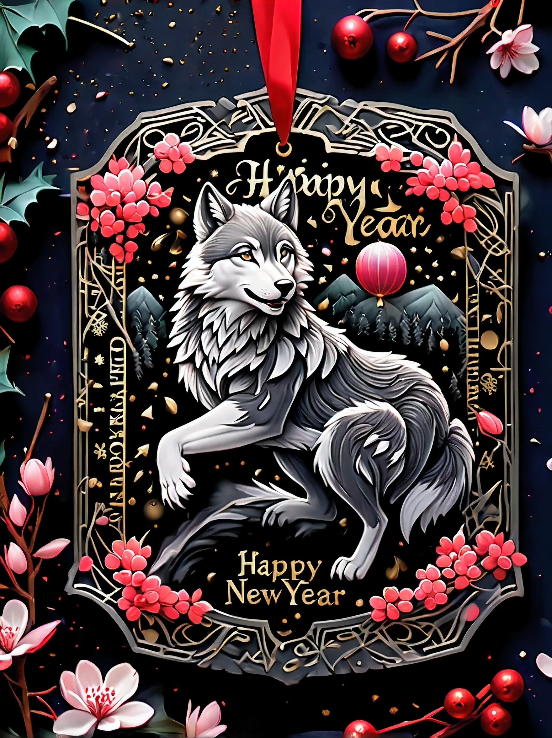 Gouache illustrated gel, wolf with stunning gray fur, The word "Happy New Year" on a black metal plate, insane draw, dark fantasy atmosphere, intricate detailes, Beautiful texture, masutepiece, inky, Red, white, master stroke, airbrushed, Around the fusion of cherry blossom blizzard and snow, Beauty under brush background details, fighting spirit, Fighting instinct, become extremely emotional,(((About New Year decoration scroll illustration:1.3))), (((About scrolling and drawing Happy New Year:1.3))), insane draw, dark fantasy atmosphere, intricate detailes, Beautiful texture, masutepiece, inky, Red, white, master stroke, (((Masterpieces of detail:1.3))), Super Illustration of masutepiece, High contrast, Tonal contrast, cinematic still, Cinematic Angle, Cinematic lighting, Green, Happy atmosphere, (((Dark fantasy aesthetic explosion graffiti background:1.4))),