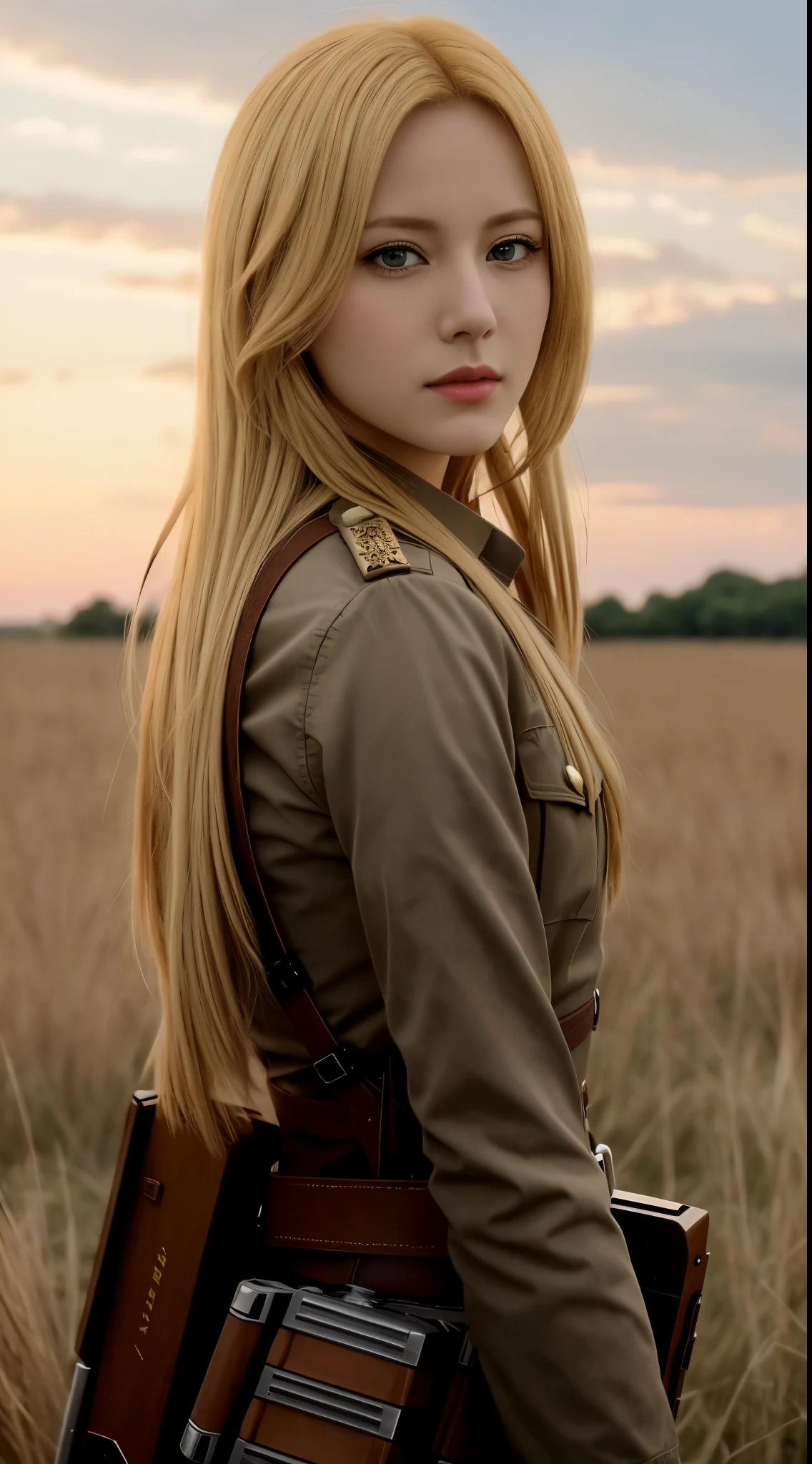 a close up of a woman with a gun in a field, from attack on titan, annie leonhart, looking like annie leonhart, attack on titan covert art, (attack on titans anime), in attack on titan, attack on titan, snk, attack on titan anime style, attack on titans, shingeki no kyojin, female protagonist 👀 :8，A giant female horn color glass tower · connection（Crysta Lens，Christa Lenz，voice：Eda Mikami），golden hair，Long golden hair，Combat attire，binh，metal light holder，golden hair，A giant female horn color glass tower · connection（Crysta Lens，Christa Lenz，voice：Eda Mikami），golden hair，Long golden hair，Combat attire，binh，metal light holder，golden hair，blue color eyes