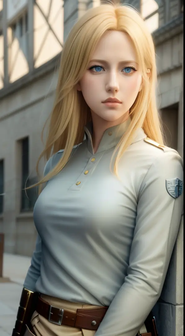 a woman with blonde hair and blue eyes standing in front of a building, looking like annie leonhart, annie leonhart, artgerm. hi...