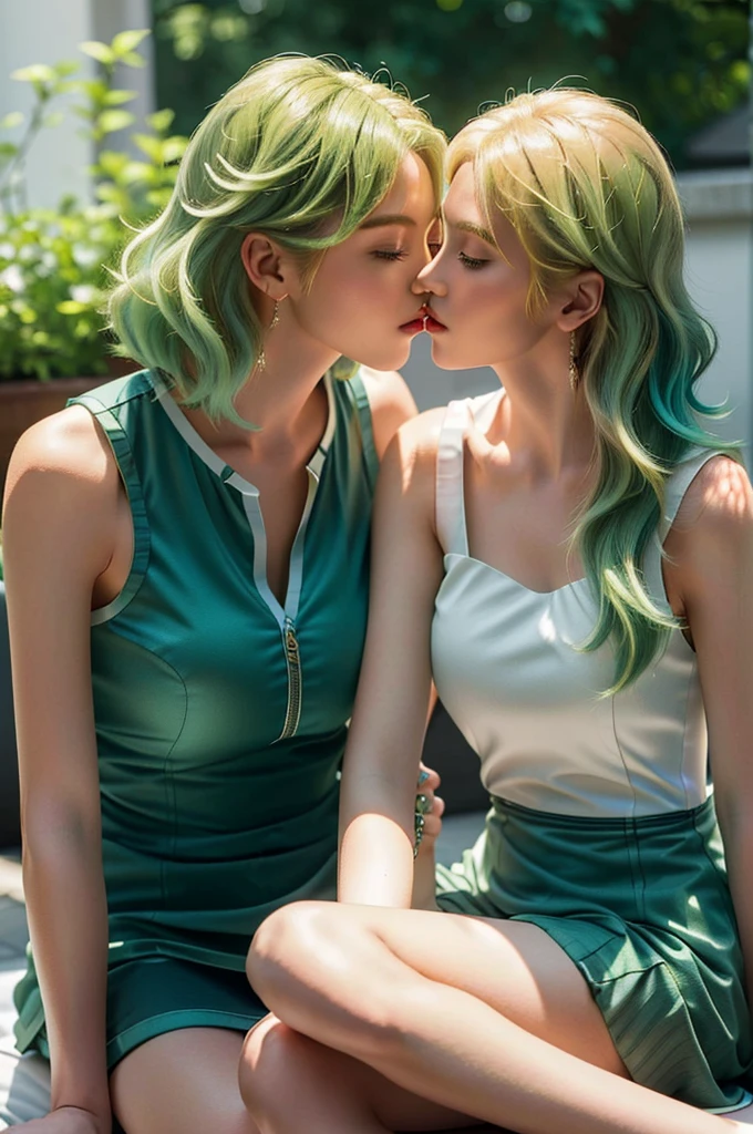 (a romantic and セクシー scene, キスをする女性2人, 長いブロンドの髪のアリサ・ラインフォードと短い緑の髪の白鷺), ノースリーブドレス, 高解像度. (セクシー:1.2, 鮮やかな色彩, 完璧な編集:1.3, 自然な髪とリアルなディテール:1.2)