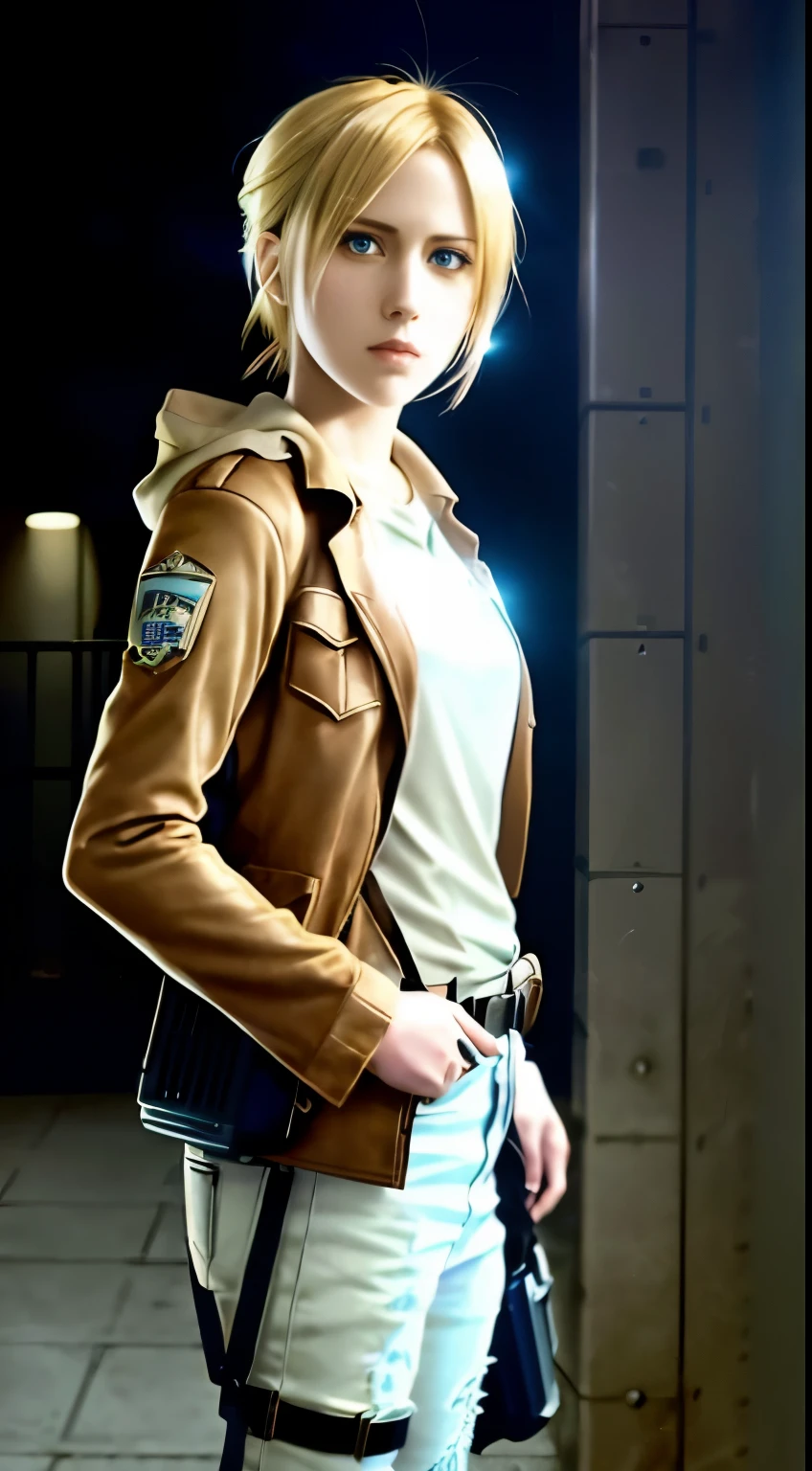 A woman in a brown jacket and white shirt holding a gun - SeaArt AI