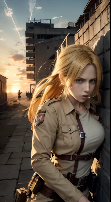 anime character with a gun in his hand and a sunset in the background, annie leonhart, looking like annie leonhart, from attack ...