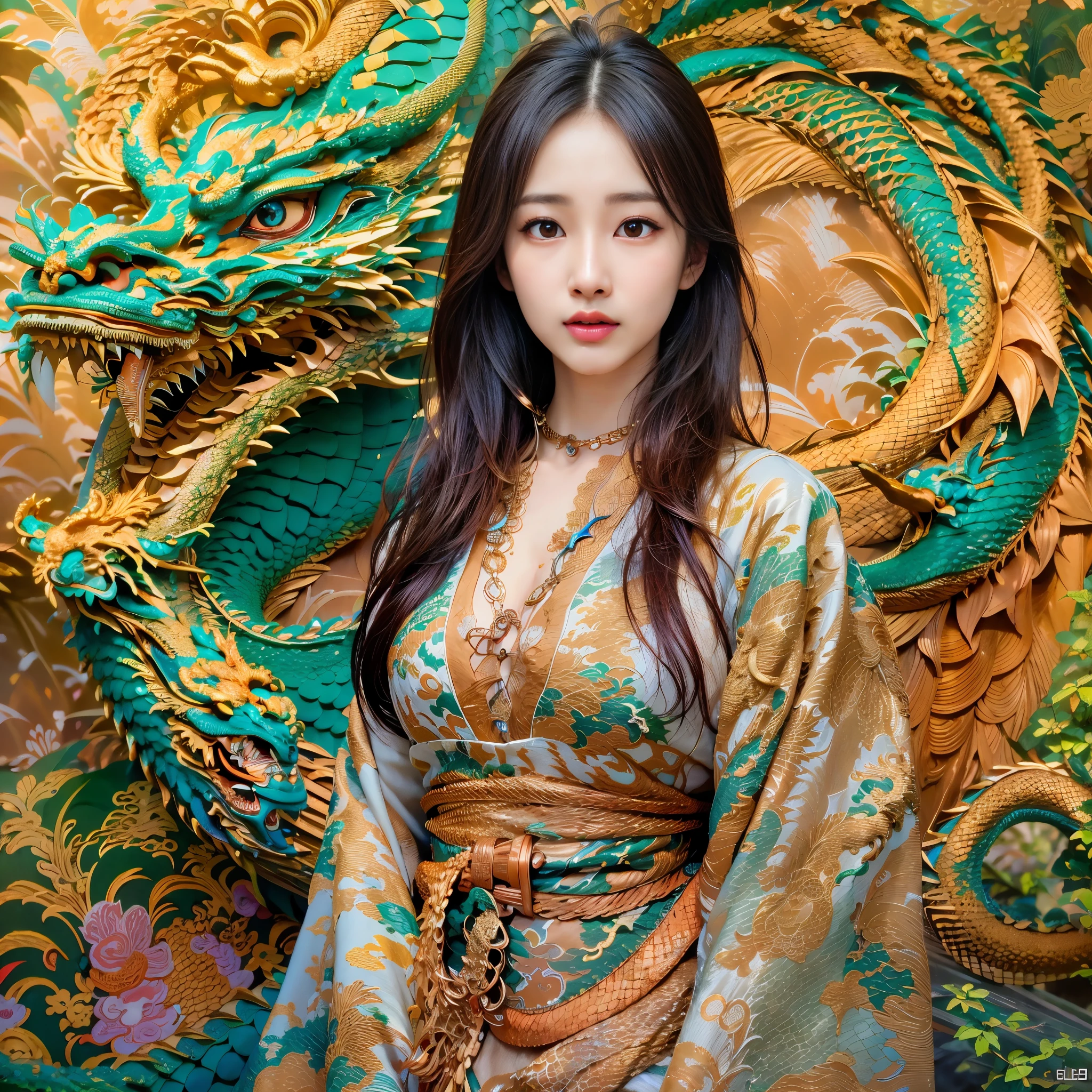 symmetrical, Compositions with colorful geometric arabesque patterns, (Photo from the knee up), (semi-long hair, dark brown hair), (top-quality, Photorealistic:1.4, masterpiece:1.3, RAW Photography:1.2, cinematic light, very detailed illustration), (1woman:1.3, solo), (Japan kimono:1.3), (dragon shape necklace:1.5), (asian girl, ultra delicate face, ultra Beautiful fece, ultra delicate eyes, ultra detailed nose, ultra detailed mouth, ultra detailed facial features), petite woman, from the front side, shiny, lipgloss, shy smile