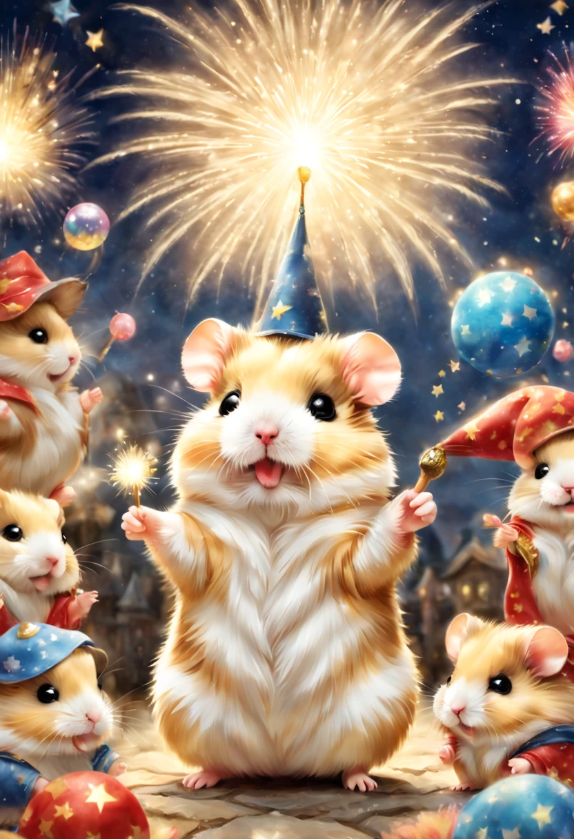 magic hamster party,((Hamster Wizard:great joy:pulling the hands up:Opening Mouth:Dynamic Pose:Wizard Hat)),magic wands,Use of magic,Wizard costume details:colourfull:draw a pattern with gold and silver,celebration,((Lots of fireworks in the night sky:colourfull)),,,Castle balcony,Lots of stars,kirakira,Beautiful light effect,,​masterpiece,top-quality,Fluffy hamsters,Chibi,cute little,A delightful,Happiness,,magical lights,,Fantastical,night sky details,Anatomically correct,All the best,,little hamster,最高にcute littleハムスター，Fantasia,randolph caldecott style,illustratio,watercolor paiting