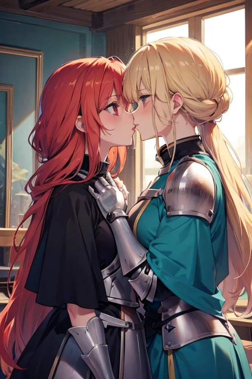 A blonde haired female knight with teal eyes is kissing a red haired female knight with red eyes