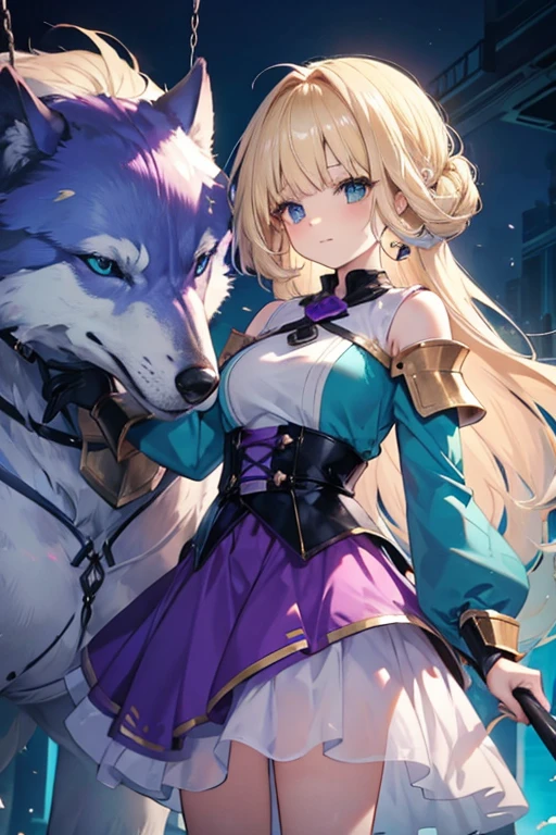 A blonde haired female knight with teal eyes is swinging a petting a giant purple wolf.