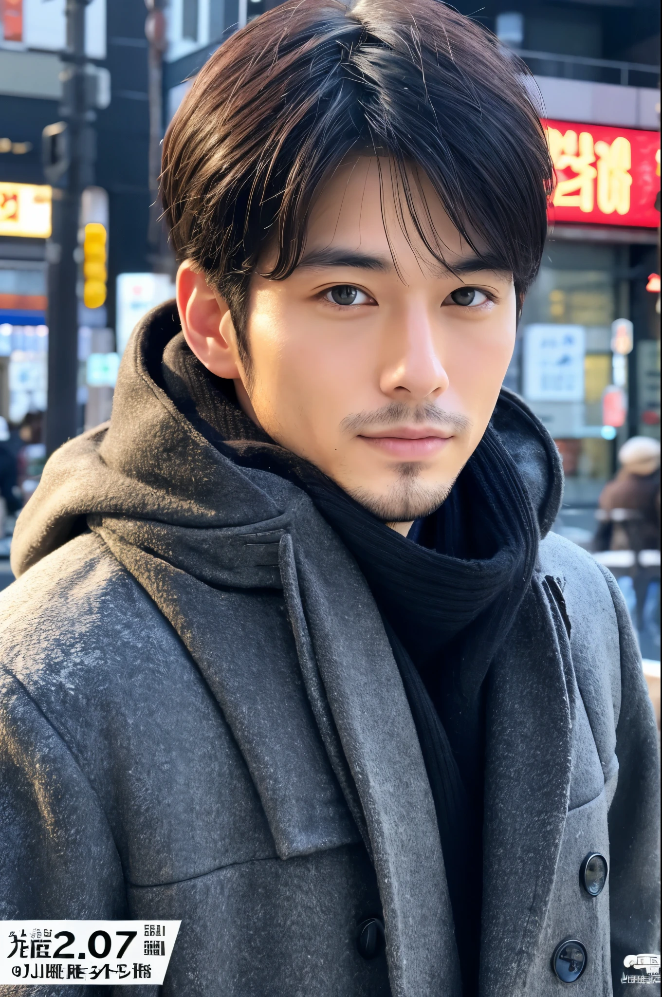 Fotorrealista, Póster de cuerpo completo en 8K, un guapo, japonés, un hombre de 25 años, Una expresión encantadora, detalles detallados de la cara, TOKIOcty, inviernos, Shibuya al fondo