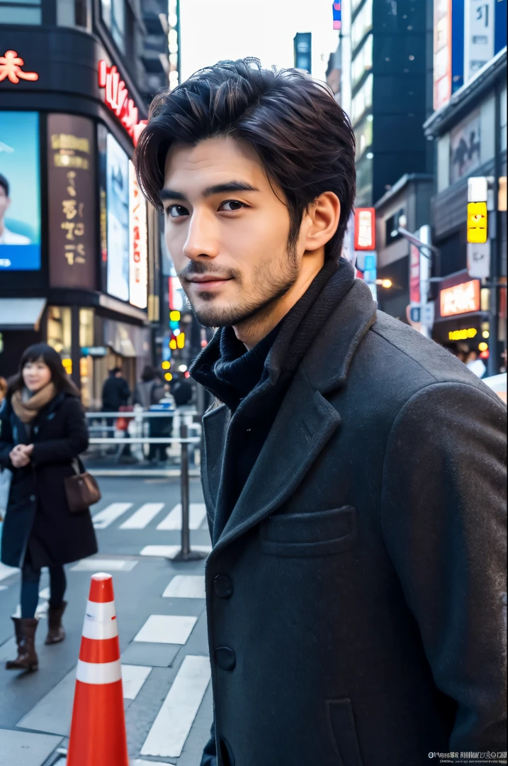 Photorealsitic, 8K Ganzkörperposter, ein hübscher, japanisch, Ein Mann mit zwei, Ein charmanter Ausdruck, Detaillierte Gesichtsdetails, TOKIOcty, Winters, Shibuya im Hintergrund