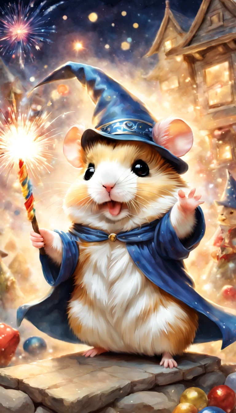 magic hamster party,((Hamster Wizard:great joy:pulling the hands up:Opening Mouth:Dynamic Pose:Wizard Hat)),magic wands,Use of magic,Wizard costume details:colourfull:draw a pattern with gold and silver,celebration,((Lots of fireworks in the night sky:colourfull)),,,Castle balcony,Lots of stars,kirakira,Beautiful light effect,,​masterpiece,top-quality,Fluffy hamsters,Chibi,cute little,A delightful,Happiness,,magical lights,,Fantastical,night sky details,Anatomically correct,All the best,,little hamster,最高にcute littleハムスター，Fantasia,randolph caldecott style,illustratio,watercolor paiting