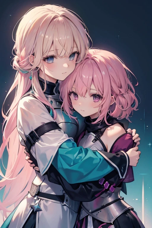 A blonde haired female knight with teal eyes is hugging a pink haired woman with violet eyes