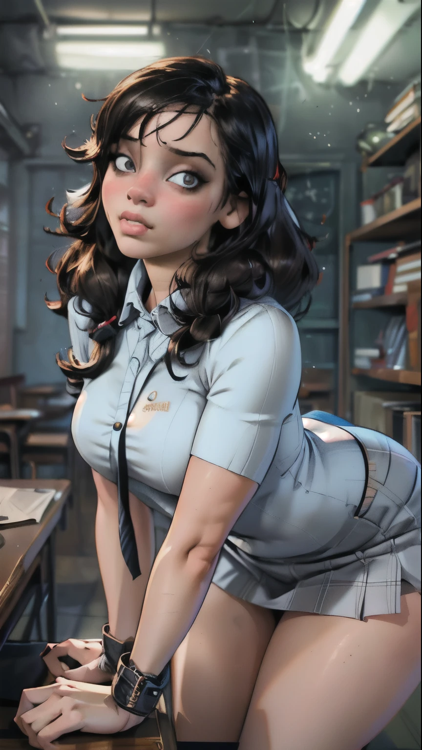 (best quality,4k,8k,highres,masterpiece:1.2),ultra-detailed,(realistic,photorealistic,photo-realistic:1.37),portraits, outfit,blue high cut coat,blue mini skirt,white shirt,perky breasts,beautiful detailed eyes,beautiful detailed lips,shy girl,blushing,thick thighs,bent over desk,classroom lighting,realistic lighting