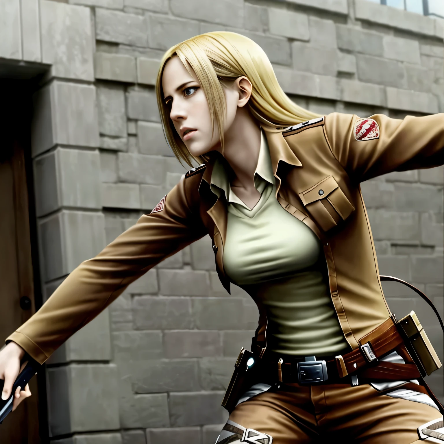 Blond woman in uniform riding a motorcycle with a gun - SeaArt AI