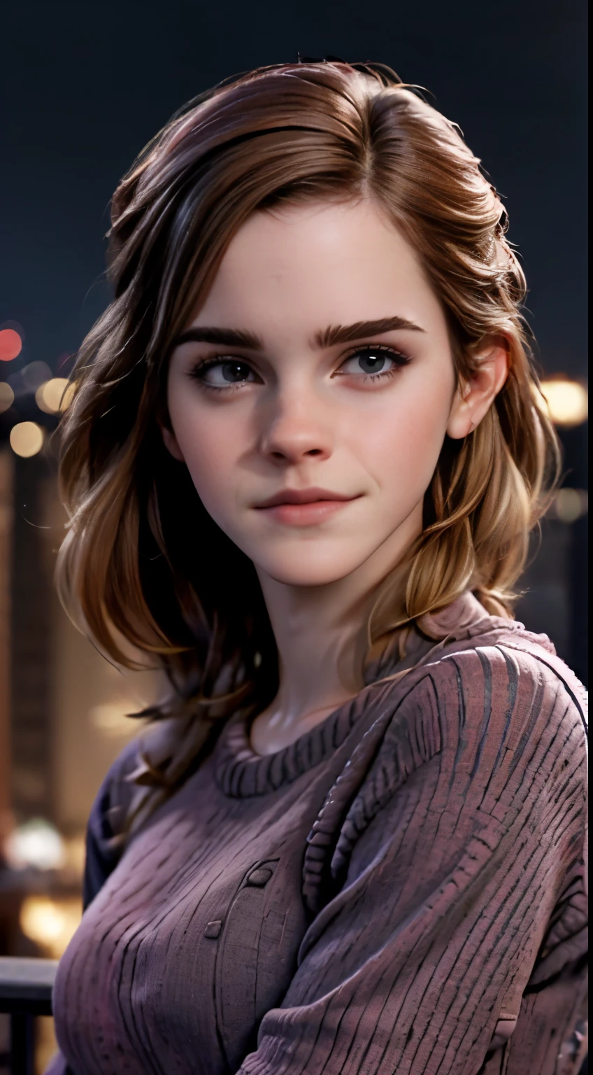 photo of Emma Watson, RAW, beautiful woman, ((portrait)), ((detailed face:1.2)), ((detailed facial feature, detailed skin, clear skin), (perfect proportioned body), kneeling, arms behind head, (wearing an tight pink sweater & jeans) (high detailed city environment, apartment balcony), (realistic photo, best quality, detailed), (8k wallpaper), (cinematic lighting, dramatic lighting) (sharp focus, intricate)