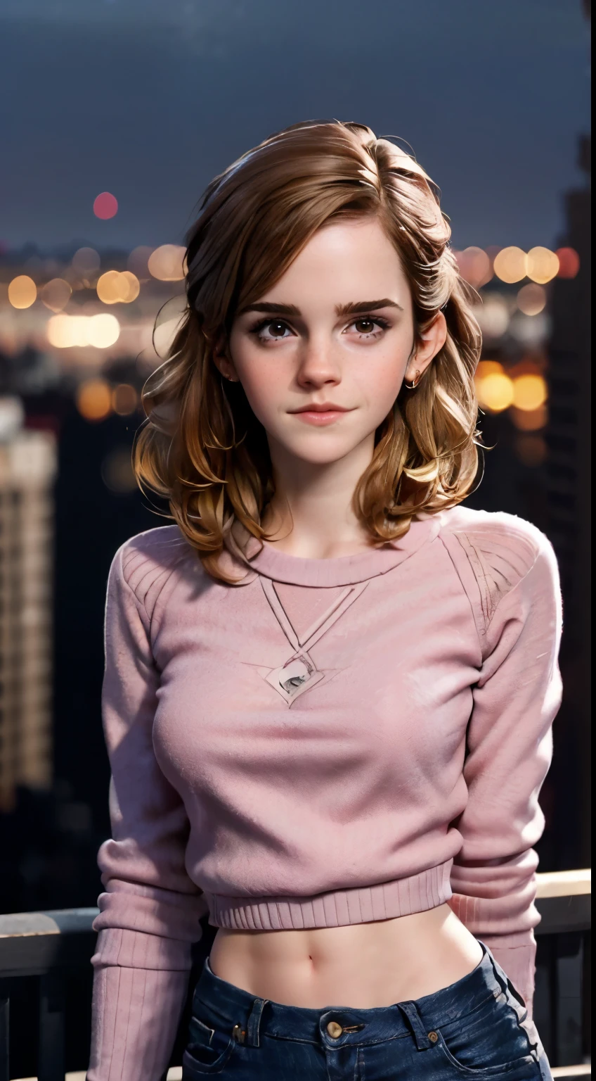 photo of Emma Watson, RAW, beautiful woman, ((portrait)), ((detailed face:1.2)), ((detailed facial feature, detailed skin, clear skin), (perfect proportioned body), (arms behind back:1.25), (wearing an tight pink sweater & jeans, poking nipples) (high detailed city environment, apartment balcony), (realistic photo, best quality, detailed), (8k wallpaper), (cinematic lighting, dramatic lighting) (sharp focus, intricate)