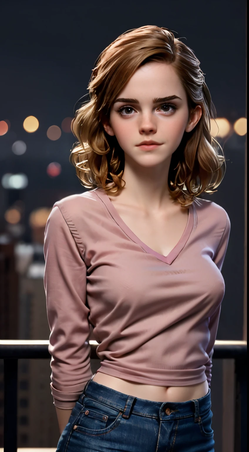 photo of Emma Watson, RAW, beautiful woman, ((portrait)), ((detailed face:1.2)), ((detailed facial feature, detailed skin, clear skin), (perfect proportioned body), (arms behind back:1.25), (wearing an tight pink long sleeve v-neck t-shirt & jeans, poking nipples) (high detailed city environment, apartment balcony), (realistic photo, best quality, detailed), (8k wallpaper), (cinematic lighting, dramatic lighting) (sharp focus, intricate)