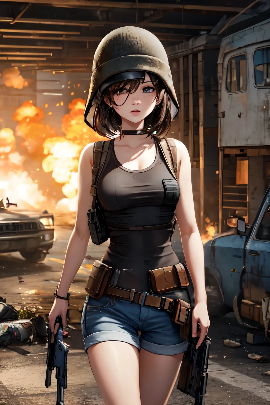 A woman in a tank top and shorts holding a gun - SeaArt AI